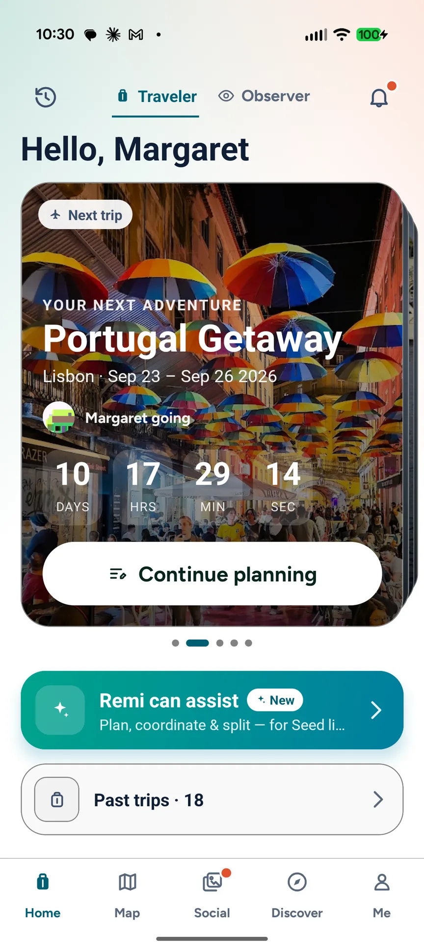 Kinetiq home screen: a live countdown to the next trip, Portugal Getaway in Lisbon, with Remi ready to help plan